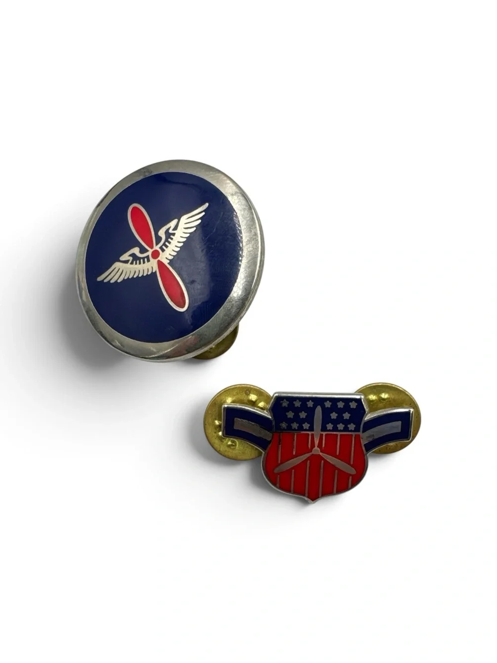 Vintage Aviation Propeller Wing Enamel Lapel Pin & Round Badge Pin Set Military